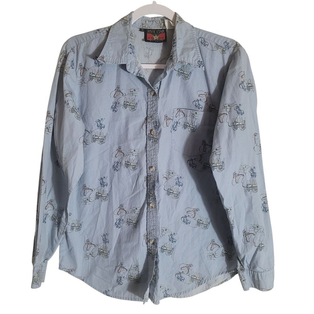Roper Five Star Western Novelty Print Button Up Shirt Women's Size Medium Blue
